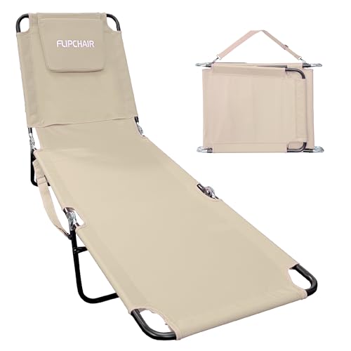 EASYGO PRODUCTS Pool Chair Chaise Lounge 2 Legs Support Polyester Material Reclining Backrest Head Rest Pillow Great for Beach, Home, Backyard, Outdoor, Patio, Pool, Camping, Lawn or Deck Color TAN - color: Ecochair-tan