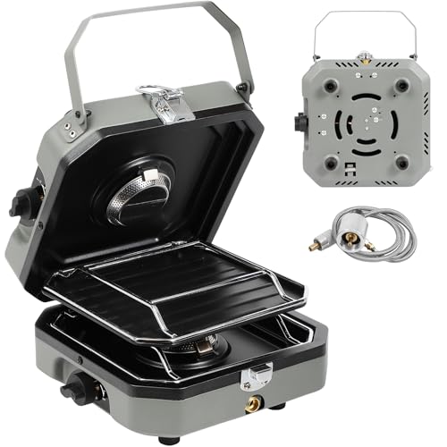 Adjustable 2-Burner Portable Stove with 16000 BTU, with Camping Grill and Carrying Bag, Portable Propane Camp Stove with 2 Burners & Piezo Ignition for Camping, Backyard BBQ,Tailgating (Green) - color: Green