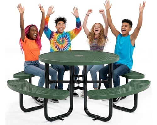 Metal Picnic Tables for Outdoors with Umbrella Hole - Coated Steel Heavy Duty Commercial Grade Furniture Set with Adjustable Seats (Green, 46 in, Round, Punched Steel) - color: Green, size: 46 In, Round, Punched Steel