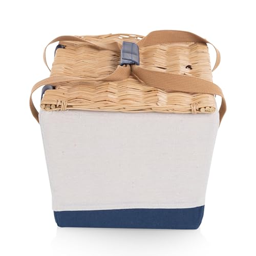 Picnic TIME Boardwalk Picnic Basket, Romantic Vintage English-Style Wooden Basket, Complete Deluxe Service for Four with Durable Canvas and Handwoven Lid - color: Beige Canvas With Navy Blue Accents for 2