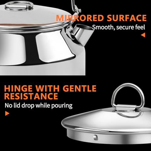 Camping Kettle, Portable Stainless Steel 1.4L Food Grade Water Kettle, Large Opening with Heat-Resistant Handle, Suitable for Gas, Induction Cooktop, Open Flame, Electric Stove, Silver