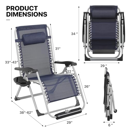 MoNiBloom 29-Inch Oversized Zero Gravity Lounge Chair with Cushion, Padded Patio Anti Gravity Recliner XL, Foldable Outdoor Lounger with Headrest and Footrest for Beach Camping, Blue - color: Blue, size: 29-Inch with Footrest 1-Pack