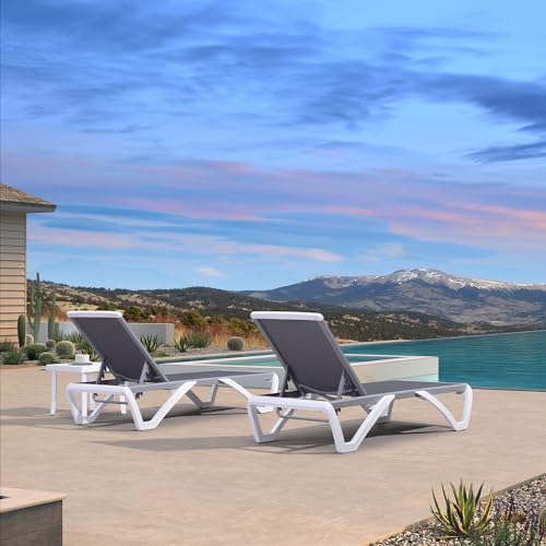 PURPLE LEAF Patio Chaise Lounge Chair Set of 3 Outside Aluminum Plastic Stackable Tanning Chairs for Pool Sunbathing Beach Deck Outdoor Lounger, Grey - color: Grey, style: 2 chairs + 1 table