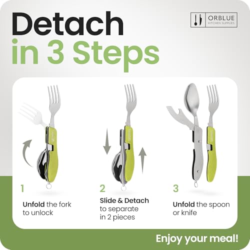 Orblue 4-in-1 Camping Eating Utensils, 2-Pack - Portable Spoon, Fork, Knife & Bottle Opener Combo Set - Stainless Steel Flatware with Detachable Fork - Travel, Backpacking Cutlery Multitool, Green - color: 2-PACK Green