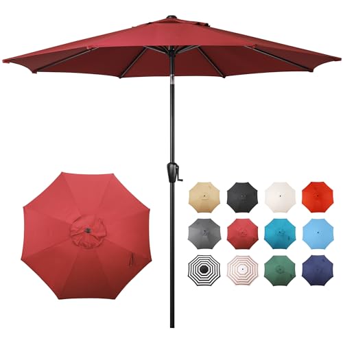 Sun-Ray 9' Round Patio Umbrella with Push-Button Tilt and Hand Crank Lift System, Market Umbrella for Porch, Deck, and Patio - color: Burgundy