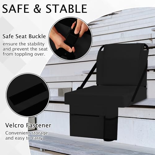 2pcs Stadium Seat for Bleachers with Back Support，Portable Bleacher Chairs with Back and Cushion，Includes Shoulder Strap and Cup Holder - color: Black,2 Pack