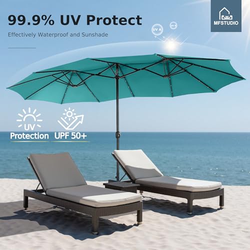 MFSTUDIO 15ft Double Sided Patio Umbrella with Solar Lights, Outdoor Large Umbrellas with Crank Handle and 36 LED Lights, Rectangular Market Umbrella with Base Included for Deck Pool Shade, Turquoise - color: Turquoise