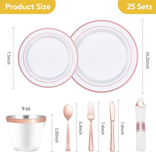 Goodluck 175 Piece Rose Gold Plastic Dinnerware Set for 25 Guests, Fancy Disposable Plates for Party, Include: 25 Dinner Plates, 25 Dessert Plates, 25 Pre Rolled Napkins with Silverware, 25 Cups - color: Rose Gold, style: 175 Piece (25 guests)