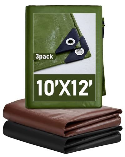 SmoothNovelty 3 Pcs Large Waterproof Tarp 10 x 12 ft Heavy Duty 5.5 Mil Thick Poly Tarpaulin with Grommets Multipurpose Protective Cover for Summer Home Boats Cars Camping Rv Pool Tent - color: Green,brown,black, size: 10 x 12 ft