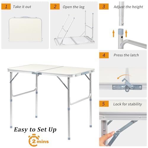 VINGLI 3FT Small Camping Folding Table Adjustable Height Aluminum Folding Table for Picnic Party BBQ, Plastic RV Suitcase Table Portable Lightweight Fold Up Utility Outdoor Tables - color: White, size: 3ft