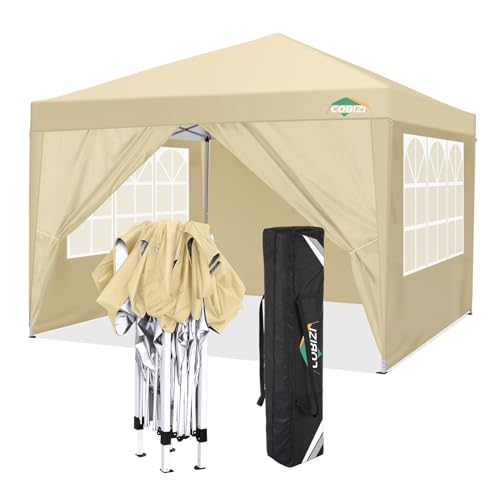 COBIZI 10x10 Pop Up Canopy Tent with 4 Sidewalls,10x10 Easy Up Waterproof Canopy Tents for Parties Camping Exhibition, Outdoor Easy Set U Gazebo Tent with Carry Bag,8 Stakes & 4 Ropes (Khaki) - color: Khaki, size: 10x10FT with 4 sidewalls
