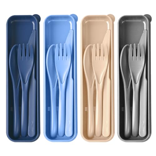 Travel Utensils Set with Case, 4 Sets Camping Utensils Wheat Straw Reusable Utensils Set With Case, Knife Fork and Spoon Utensils for Lunch Box - color: Blue, Light blue, Beige, Gray