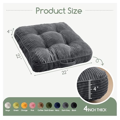 HIGOGOGO Floor Pillow Cushion for Adults, Meditation Cushion Pillow, Large Square Floor Sitting, Tufted Corduroy Cover, for Tatami Living Room or Yoga, 22x22 Inch, Dark Grey - color: Square Dark Grey, size: 4" Thick(Pack of 1)