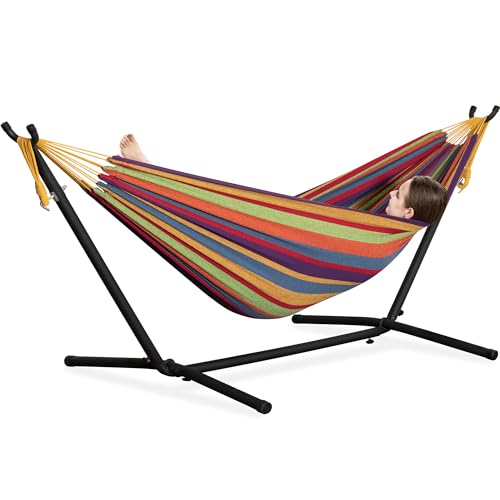 PNAEUT Double Hammocks with Stand for Outside, Portable Space Saving Heavy-Duty Steel Stand for Indoor Outdoor Patio, 450 lbs Capacity (Tropical) - color: Tropical