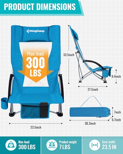 KingCamp Low Beach Chair, High Back Folding Camping Chair for Adults, Oversized Breathable Mesh Seat, 300lbs Heavy Duty Portable Chair with Cup Holder & Storage Pockets for Beach, Outdoor - color: Ergobreeze H Blue 2pcs-2
