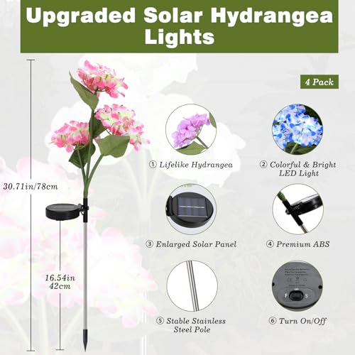 Lewondr 4 Pack Solar Garden Lights, Solar Flowers Lights with 4 Blooming Hydrangea Flowers, Waterproof Solar Lights Outdoor for Yard Porch Patio Backyard Pathway Gardening, 2 Lighting Modes, Colorful - size: 4 Pack, style: Hydrangea