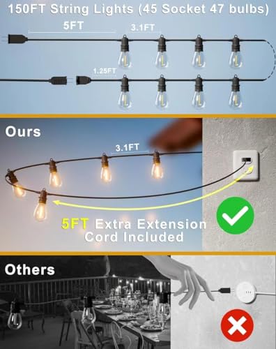 150FT LED Outdoor String Lights With 45 Edison Shatterproof IP65 Waterproof Bulbs, 2700K Dimmable Commercial Grade Patio Lighting, Heavy Duty Outside Hanging for Garden Porch Deck Decor - size: 150FT