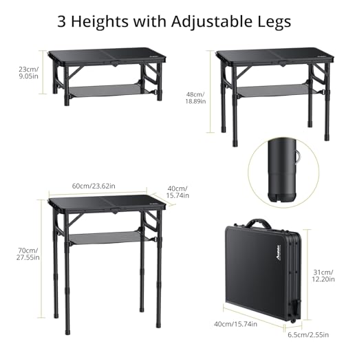 Anbte Folding Camping Table with Storage Net, Pure Black Aluminum 2ft Picnic Table 23.2" x 16" Outdoor Table Adjustable Height Max 27.5", Lightweight, Waterproof, Portable Handle for Travel Cooking - color: Pure Black, size: 24"L x 16"W x 27.5H"