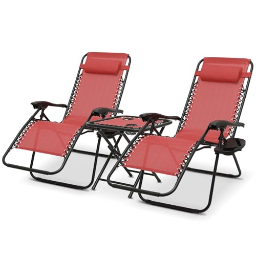 Athena Collection Zero Gravity Outdoor Lounge Chair Set of 2 with Side Table, 25" Width Pool Lounge Lawn Chairs Reclining with Cup Holder, Outdoor Chaise for Beach Patio Backyard Outside, Dark Red - color: Dark Red, style: 25" Width