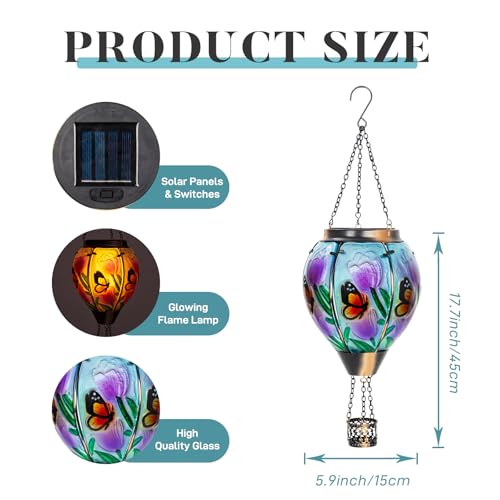 Butterfly Flower Solar Hot Air Balloon Lantern with Flame, Glass Balloon Lantern Outdoor Waterproof Lights, Hanging Solar Lights for Outside Garden Patio Porch Tree Yard Gift for Mom - color: Yellow Butterfly
