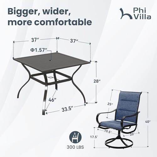 PHI VILLA 5 PCS Patio Dining Set with 4 Padded Outdoor Swivel Dining Chairs(Blue) and 37"x 37" Metal Steel Dining Table(1.57" Umbrella Hole), Outdoor Dining Table & Chairs Set for Deck Lawn Garden - color: Blue Padded Fabric, size: 37"L x 37"W x 28"H-Meta