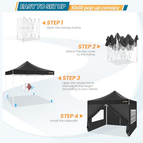 Hoteel 10x10 Pop Up Canopy Tent Heavy Duty with 4 Sidewalls, Waterproof Party Tent, Easy Set-up Commercial Instant Tents with Hand Bag & Rope & Nail, Hexagonal Leg (1-Year Warranty) - color: Black, size: 10×10 （4 Walls）