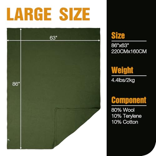 REDCAMP 86"x 63" Wool Blanket for Camping, Hiking - Warm, Thick & Washable Wool Camping Blankets, Great for Outdoors, Sporting Events, Picnics, Travel - Car - color: Green/86"x63"