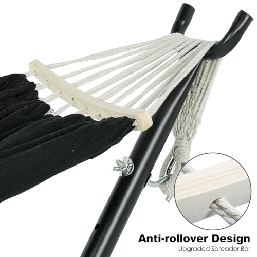 GAFETE Double Hammock with Stand for Outside, Upgraded Spreader Bar, Heavy Duty Space Saving Steel Stand 2 Person, Side Pockets, Easy Assembly, 600lbs Weight Capacity, Indoor & Outdoor (Darkness) - color: Darkness