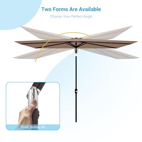 Rectangle Patio Umbrella with Solar Lights, 10 x 6.5ft Rectangular Outdoor Umbrella Table Market Patio Umbrella with Push Button Tilt and Crank for Garden, Deck, Backyard, Pool - color: Taupe