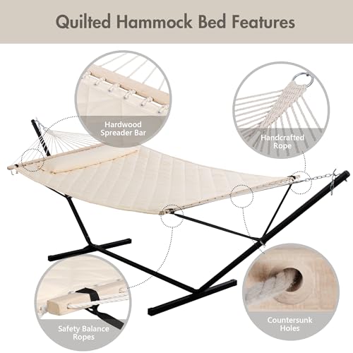 ANOW Outdoor Hammock with 12 Feet Heavy Duty Steel Stand, Two Person Hammock with Stand Included, 450 LBS Weight Capacity, Cream - color: Cream, size: 2 Person With Stand