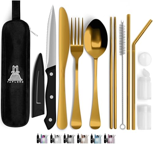 Taplord Portable Travel Silverware Set With Case, Includes 10 Pcs of Travel Utensils With Case, Stainless Steel Flatware Set For Camping, Lightweight (Gold) - color: Gold, size: 10 Pieces