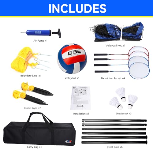 GSE Games & Sports Expert Outdoor Yard Sports Net Game Set for Backyards, Parks, Beach, Lawn. Volleyball Set, Badminton Set OR Volleyball & Badminton Combo Set Available - style: Deluxe Badminton&Volleyball Combo
