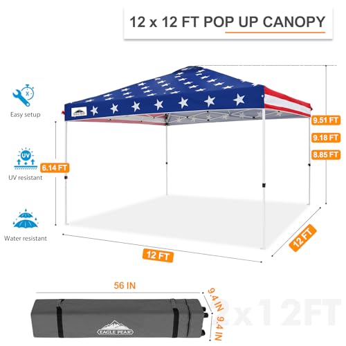 EAGLE PEAK Pop Up Canopy Tent with Wheeled Carry Bag, 8 Stakes, 4 Ropes, 4 Weight Bags, Easy Set Up Tent Canopy, 12x12 ft, 144sqft of Shade, American Flag - color: American Flag, size: 12x12