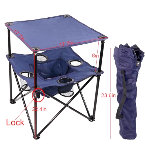 Portable Folding Camping Table with Cup Holders – Lightweight & Compact 2-Tier Outdoor Table with Storage, Ideal for Card Games, Snacks, Picnic, Tailgating & Camping (Navy Blue)
