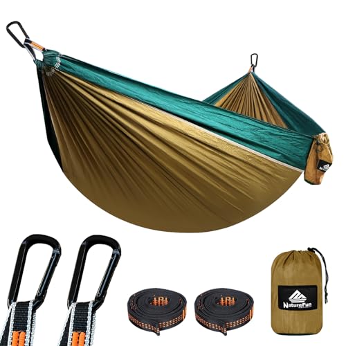 NATUREFUN Ultra-Light Travel Camping Hammock | 300kg Load Capacity,Breathable,Quick-Drying | 2 x Premium Carabiners,2 x Nylon Slings Included | Outdoor Indoor Garden - color: Camel/Olive Green, size: 275x140cm