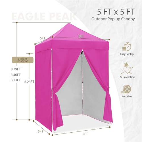 EAGLE PEAK 5x5 Instant Canopy with 4-Side Wall Panels, Small Pop up Portable Canopy Tent with Carry Bag, Light Weight Sun Shelter for Sports, Camping and Beach, Pink - color: Pink