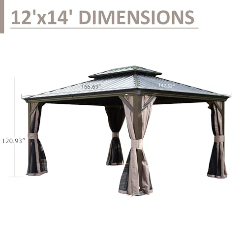 Domi 12' X 14' Hardtop Gazebo, Upgraded Metal Gazebo with Drainage System, Dual-Layer Galvanized Steel Roof, Curtain and Netting, Outdoor Shelter Canopy for Patio, Garden, and Backyard, Brown - color: Brown, size: 12'x14'/w gutter