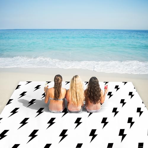 Beach Blanket Waterproof Sandproof, Beach Blanket with 4 Stakes & 4 Pockets, 78''×86'' Lightweight Outdoor Picnic Blanket for Travel, Camping, Hiking - color: Black Lightning, size: 6.5x7.2 FT (1～4 person)