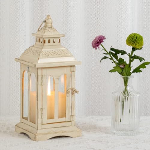 Lanterns Decorative Indoor & Outdoor, Medium Hanging Home Decor, Vintage Metal Decorative Candle Lanterns for Outdoor Patio Wedding Party Beige with Copper Brush - color: Beige |||