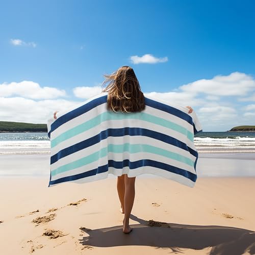 COTTON CRAFT Oversized XL Beach Towel - 2 Pack 39 x 68 inches Big & Huge Beach Blanket Towel - 100% Cotton Velour Thick Plush 450 GSM Super Soft Luxury - Pool Picnic Bath Towel - Cabana Stripe Blue - color: Ocean Blue, size: 2 Pack - 39x68
