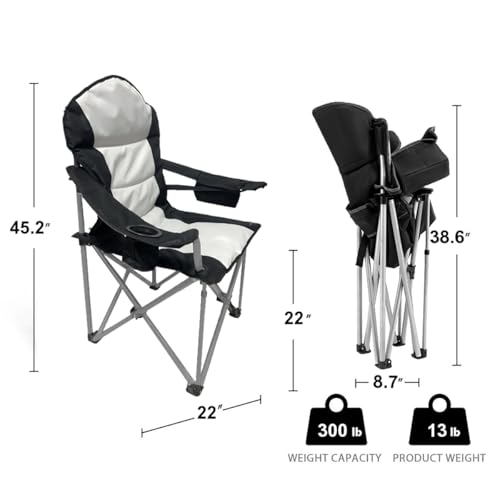 Wild Scape Oversized Folding Camping Chair for Adults, Foldable Beach Chairs with Cup Holder, Cooler Pocket, Storage Bag, Heavy Duty, Portable Fishing Chair for Outdoor, Garden Picnic, Grey & Black - color: Black