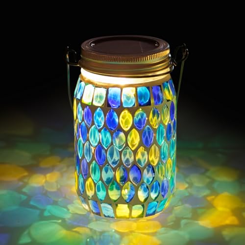 Starsoul Solar Lanterns Outdoor Waterproof, Decorative Teal Mosaic Glass Outdoor Lantern, Hanging Solar Garden Lights for Outside Pathway Patio Porch Yard Table, Gifts for Women Mom Grandma - color: Teal