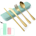 Boulder Bee | Travel Utensils Set | Reusable Camping Cutlery Set | Stainless Steel Flatware Set | Portable Silverware Set with Case | Includes Knife/Fork/Spoon/Straw/Cleaning Cloth/Case (Gold) - color: Gold