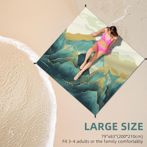 Beach Blanket Waterproof Sandproof Large Beach Mat 79" X 83" for 2-4 Adults Sand Free Mat Quick Drying,Lightweight & Durable with 4 Stakes & 4 Corner Pockets for Beach Travel Camping.(Mountain) - color: Mountain, size: 79" X 83"