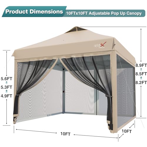 10x10 Pop Up Canopy Tent with Mosquito Netting, Outdoor Portable Screen Tent for Yard, Party, Camping and Picnic, 3 Height Positions, Patio Gazebo with Roller Bag and 4 Sandbags, Khaki - color: Khaki