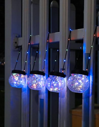 PARTPHONER Solar Lantern Solar Lights Outdoor Waterproof 6-Pack, Solar Powered Hanging Lights Cracked Glass Hanging Globes for Christmas Decoration, Shepherd Hook, Garden Tree Ornaments, Multi-Color - color: Black Cap RGB Light, size: 6 Pack