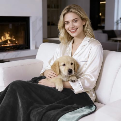 QiyI Waterproof Blanket for Bed Queen Size, Reversible Washable Pet-Friendly Flannel Throw Blanket, Leakproof Stain-Resistant Furniture Protector for Travel & Camping, 60"x80", Black/Light Grey - color: Black/Light Grey, size: 60"×80"