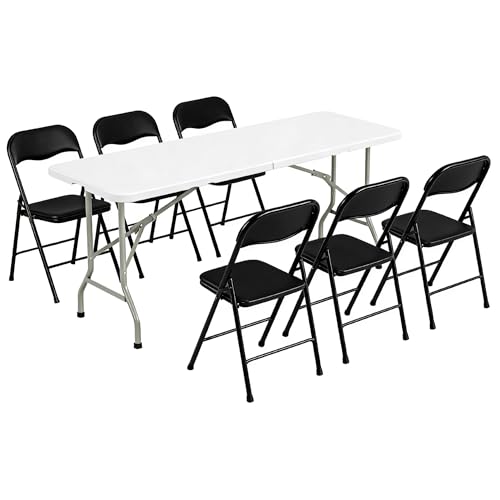 Elevon Folding Table Set with 6 Black Folding Chairs,6 Feet Heavy Duty Fold-in-Half Utility Table Sets for Picnic, Event, Training, Outdoor Activities, at Home and Commercial Use - size: 6 feet, style: With 6 Black Chair