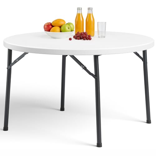 48 inch Folding Round Table, 48" Plastic Commercial Banquet Round Dinner Table with Foldable Steel Legs, Portable Card Table for Party, Events, Indoor, Outdoor, White - color: White, size: 48 inch
