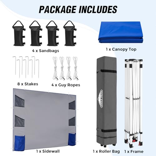 EAGLE PEAK Commercial Canopy 10x10 with Sidewall Storage, Easy OnePerson Setup Pop Up Canopy Tent with Roller Bag, Stakes, Ropes, and Weight Bags, Blue - color: Blue